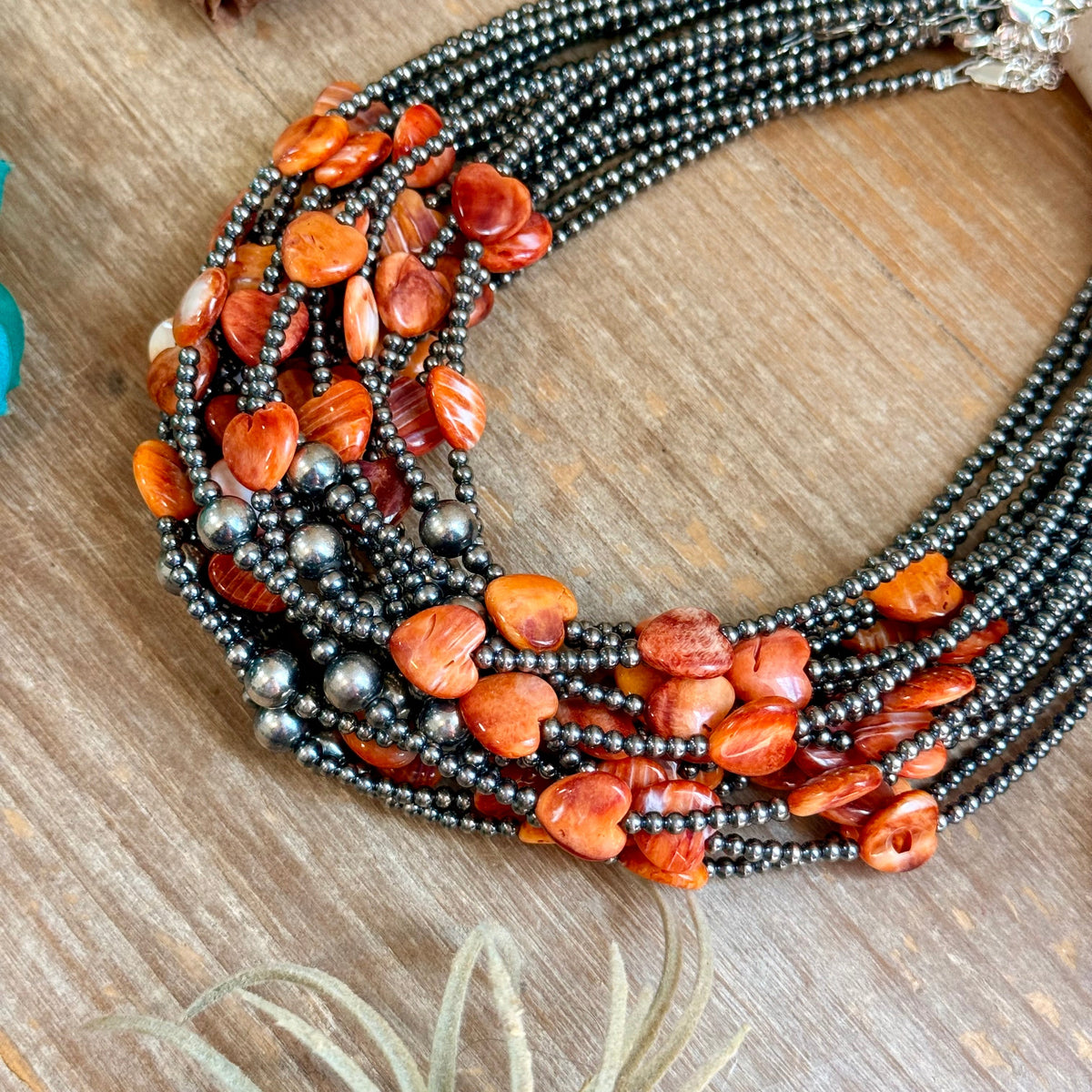 15" Orange-Red Shell Heart &amp; Sterling Silver Pearl Necklace