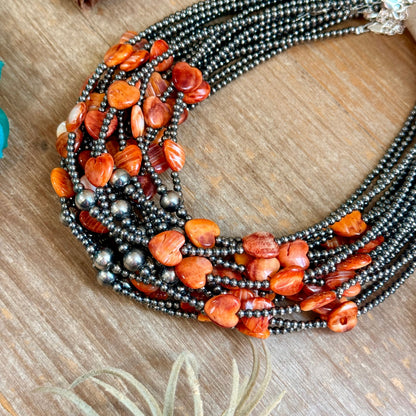 15" Orange-Red Shell Heart &amp; Sterling Silver Pearl Necklace