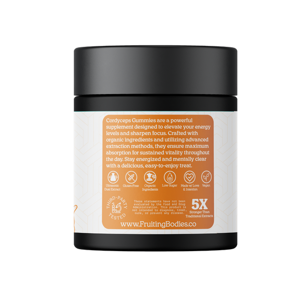 Jar of Cordyceps Gummies with a black lid on a white background