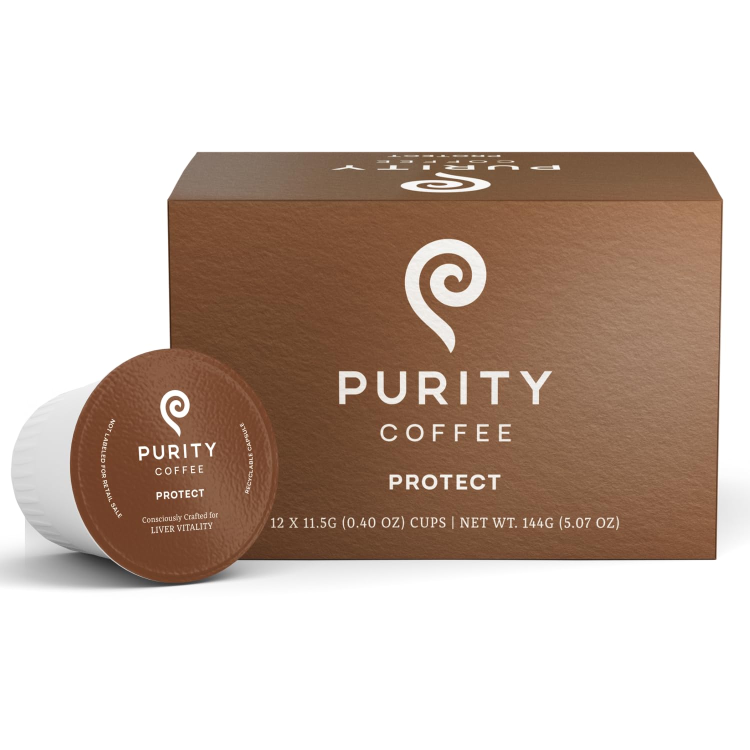 Purity Coffee Protect packaging with a brown box and white coffee pod on a white background