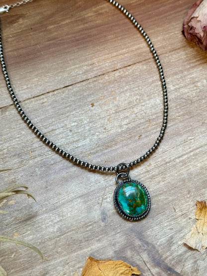MJ Green Turquoise Pendant with Sterling Silver Pearl Necklace