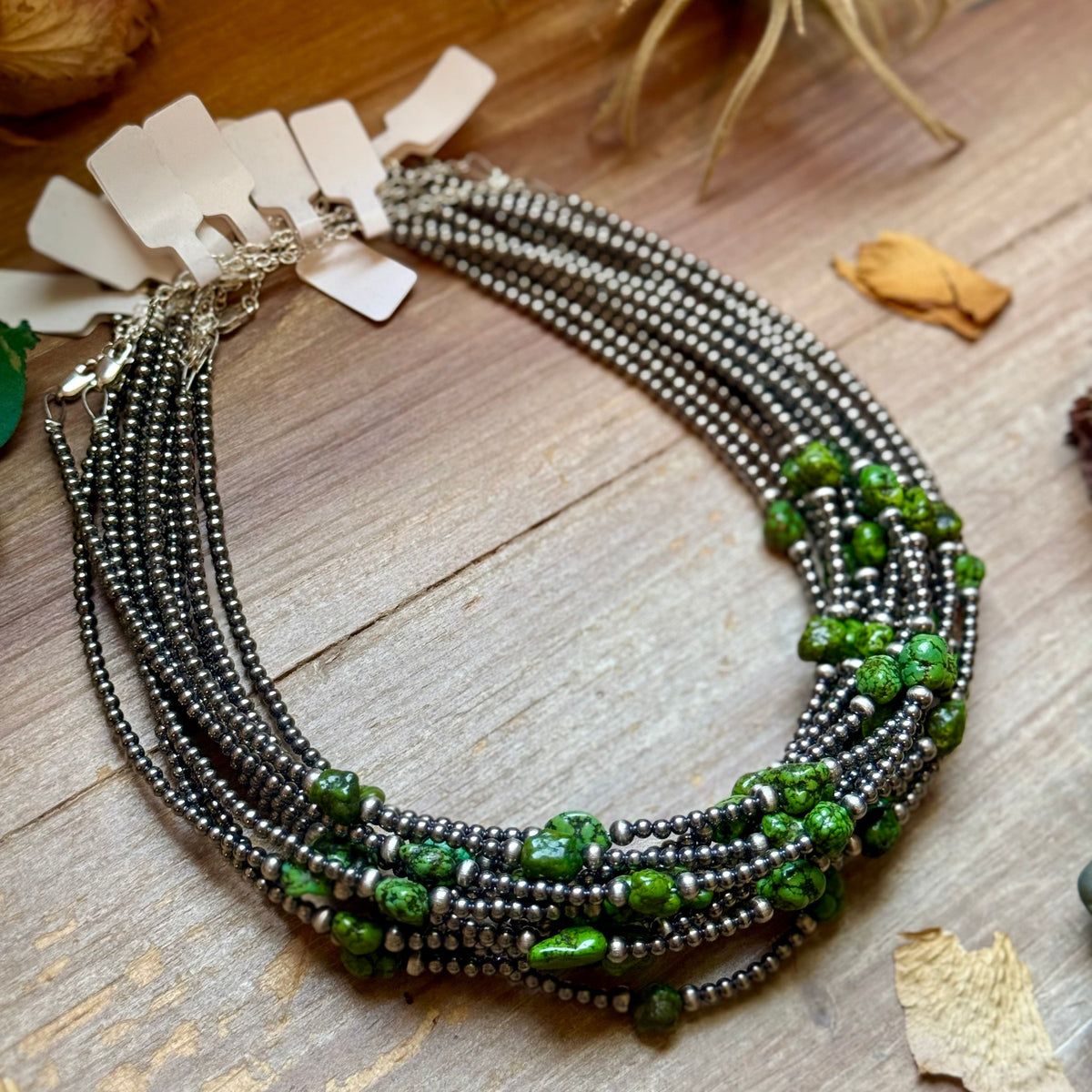 Green Nugget Turquoise &amp; Sterling Silver Pearl Necklace