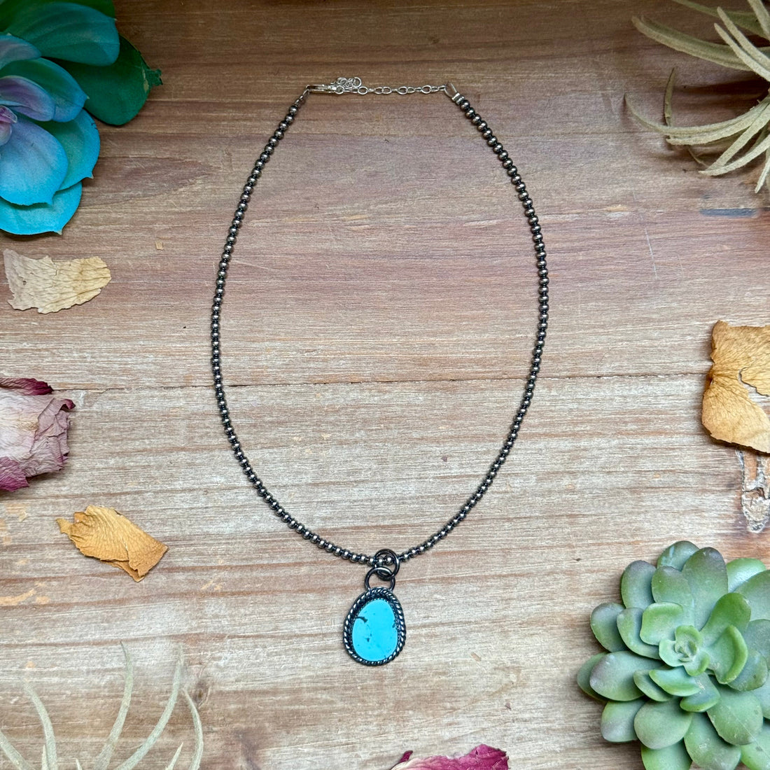 MJ Sky Blue Turquoise Charm with Sterling Silver Pearl Necklace
