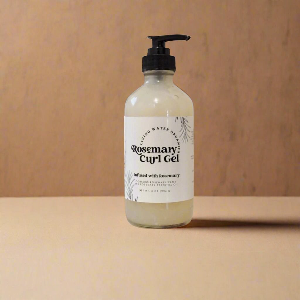 Bottle of Rosemary Curl Gel on a wooden surface with a wooden background