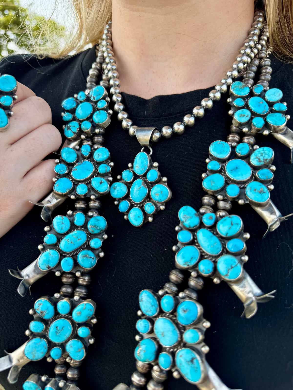 Wilson Dawes Kingman Turquoise Sterling Silver Squash Blossom Set
