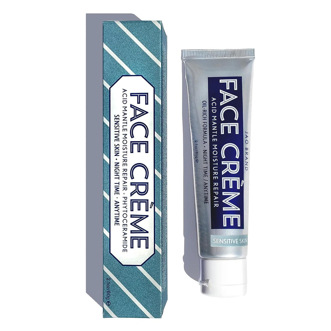 A tube of Jao Beard Face Crème moisturizer next to its retail box, both featuring a teal and navy blue design with white text on a clean white background.
