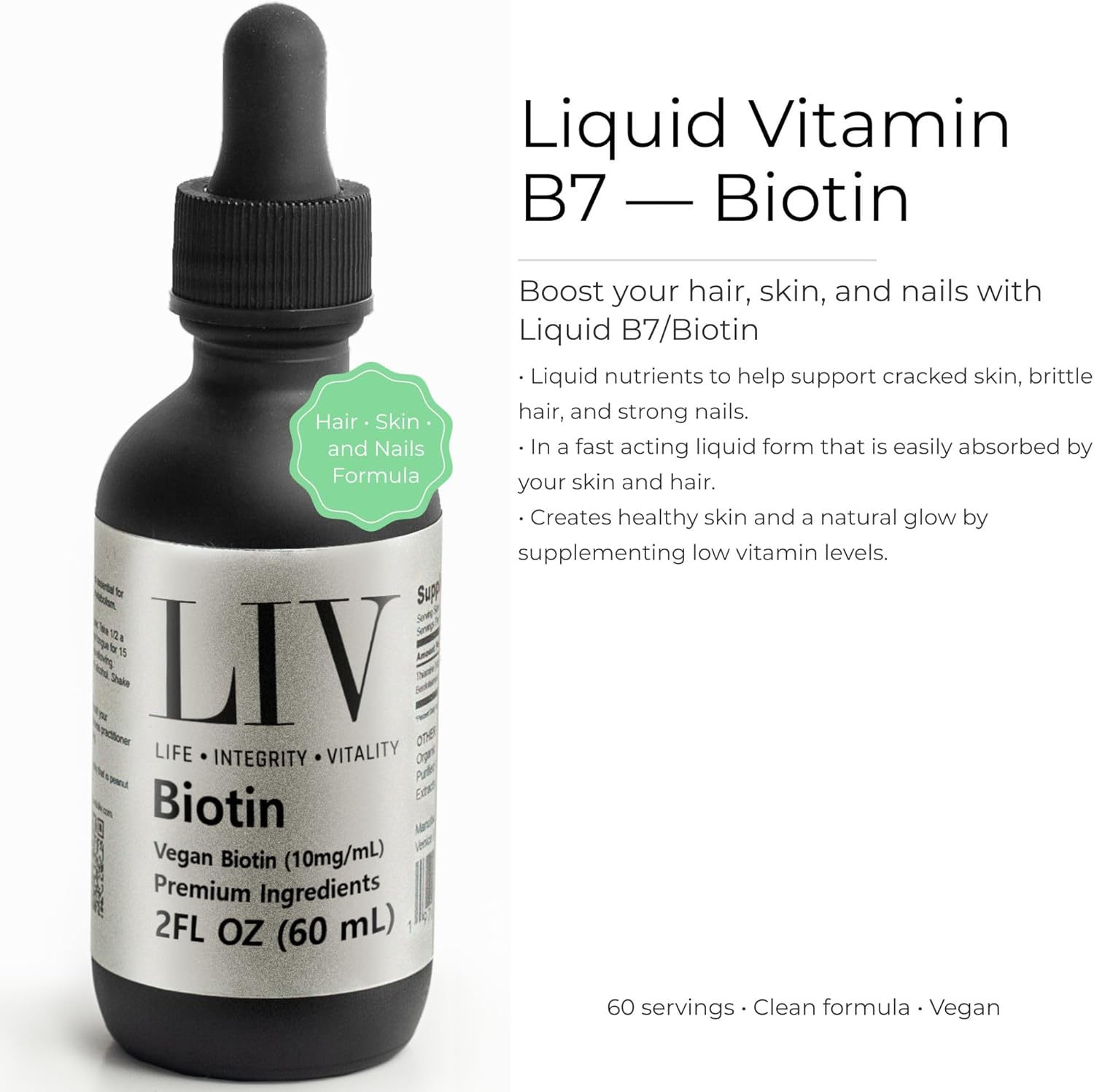 Biotin Liquid Skin Nutrients (Vegan, 10,000mcg each, 60 Servings)