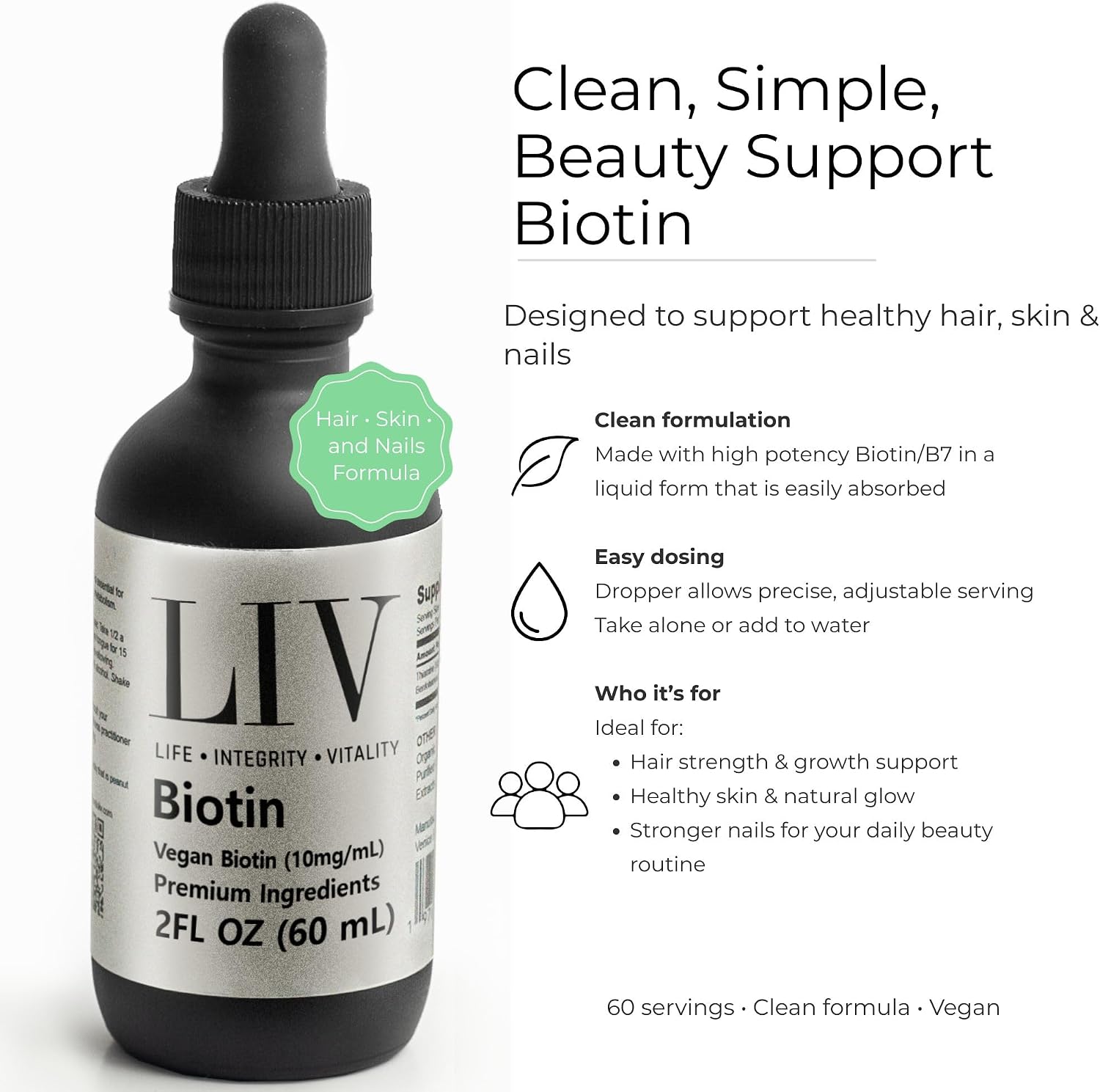 Biotin Liquid Skin Nutrients (Vegan, 10,000mcg each, 60 Servings)