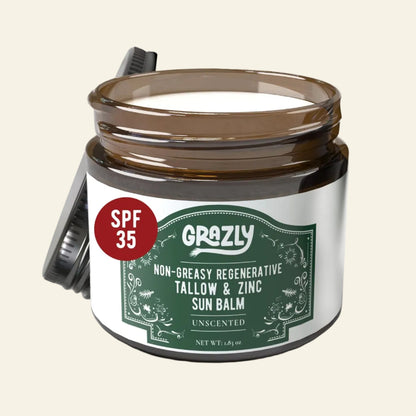 Grazly sun balm jar with SPF 35 label on a white background
