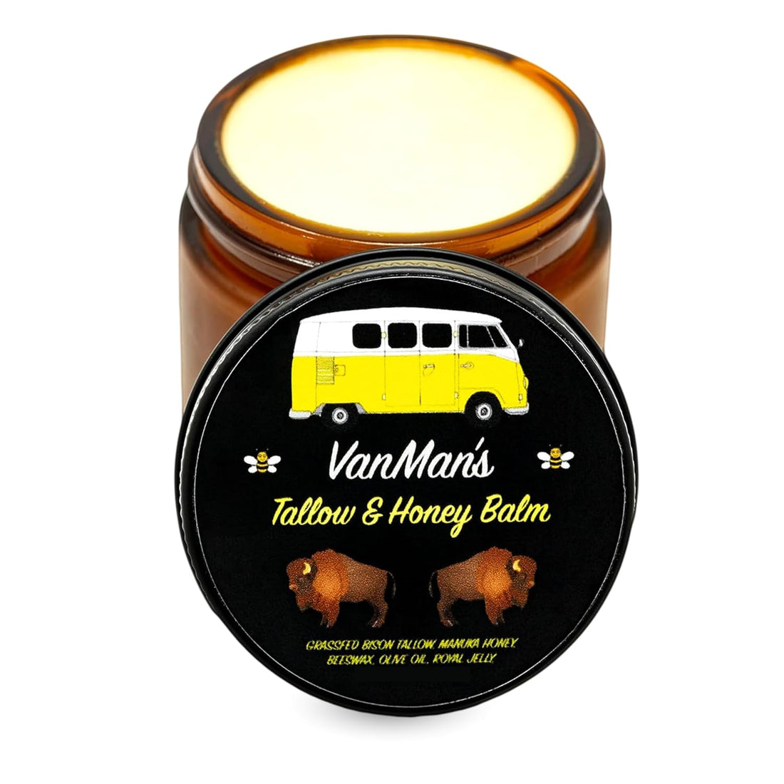 An amber glass jar of Van Man&