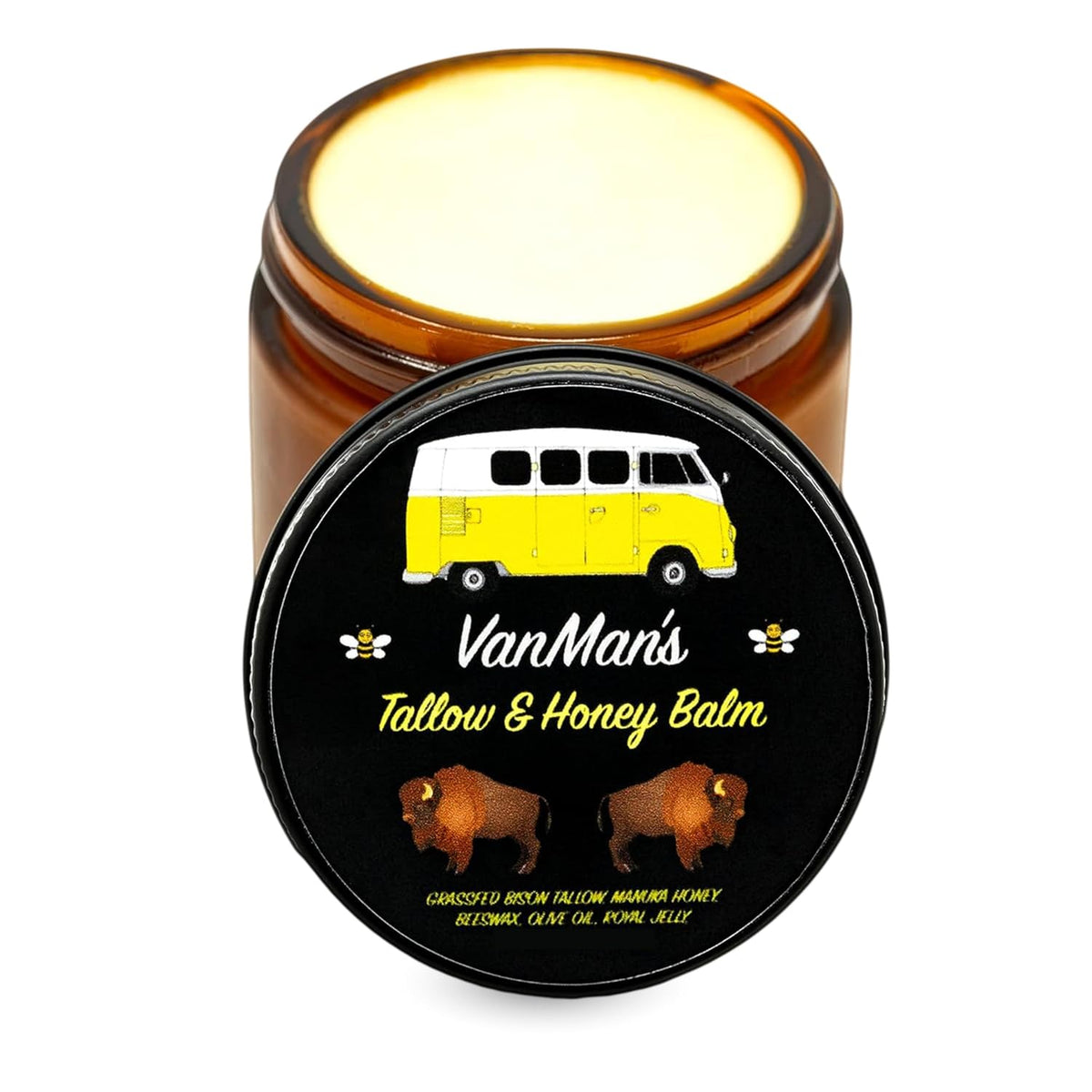 An amber glass jar of Van Man&