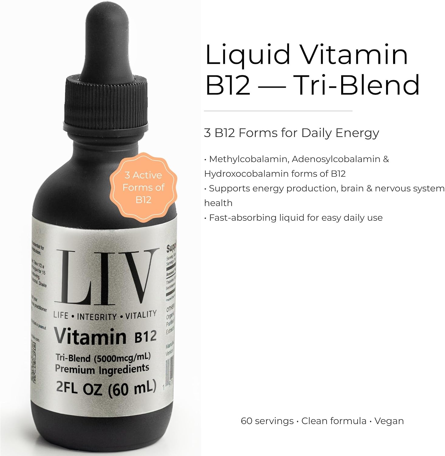 Vitamin B12 Tri-Blend Liquid Energy Booster (5000mcg, 60 servings)