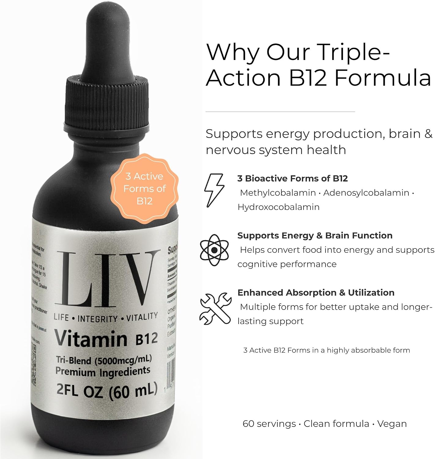 Vitamin B12 Tri-Blend Liquid Energy Booster (5000mcg, 60 servings)