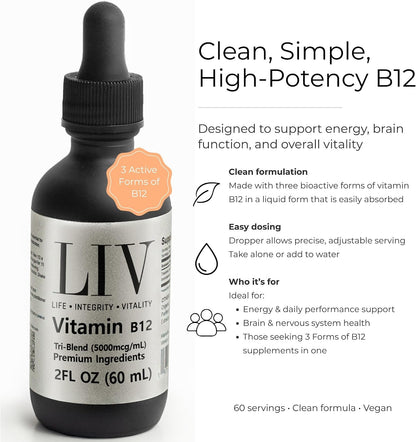 Vitamin B12 Tri-Blend Liquid Energy Booster (5000mcg, 60 servings)