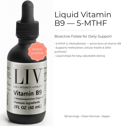 Vitamin B9 Folic Acid Liquid (5-MTHF 5,000mcg, 60 servings)