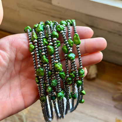 Green Nugget Turquoise &amp; Sterling Silver Pearl Necklace