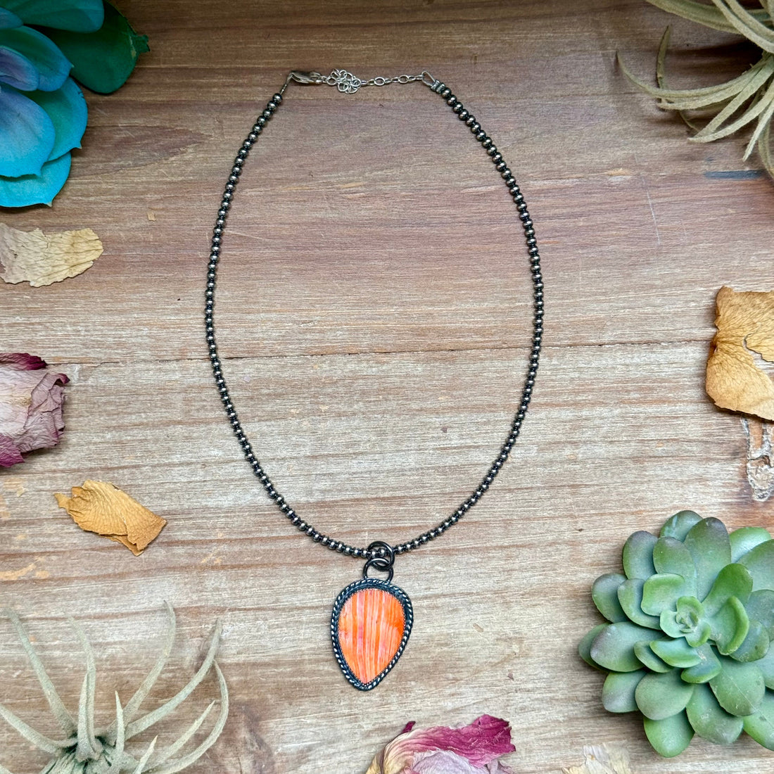 MJ Orange Spiny Oyster Teardrop Charm &amp; Sterling Pearl Necklace
