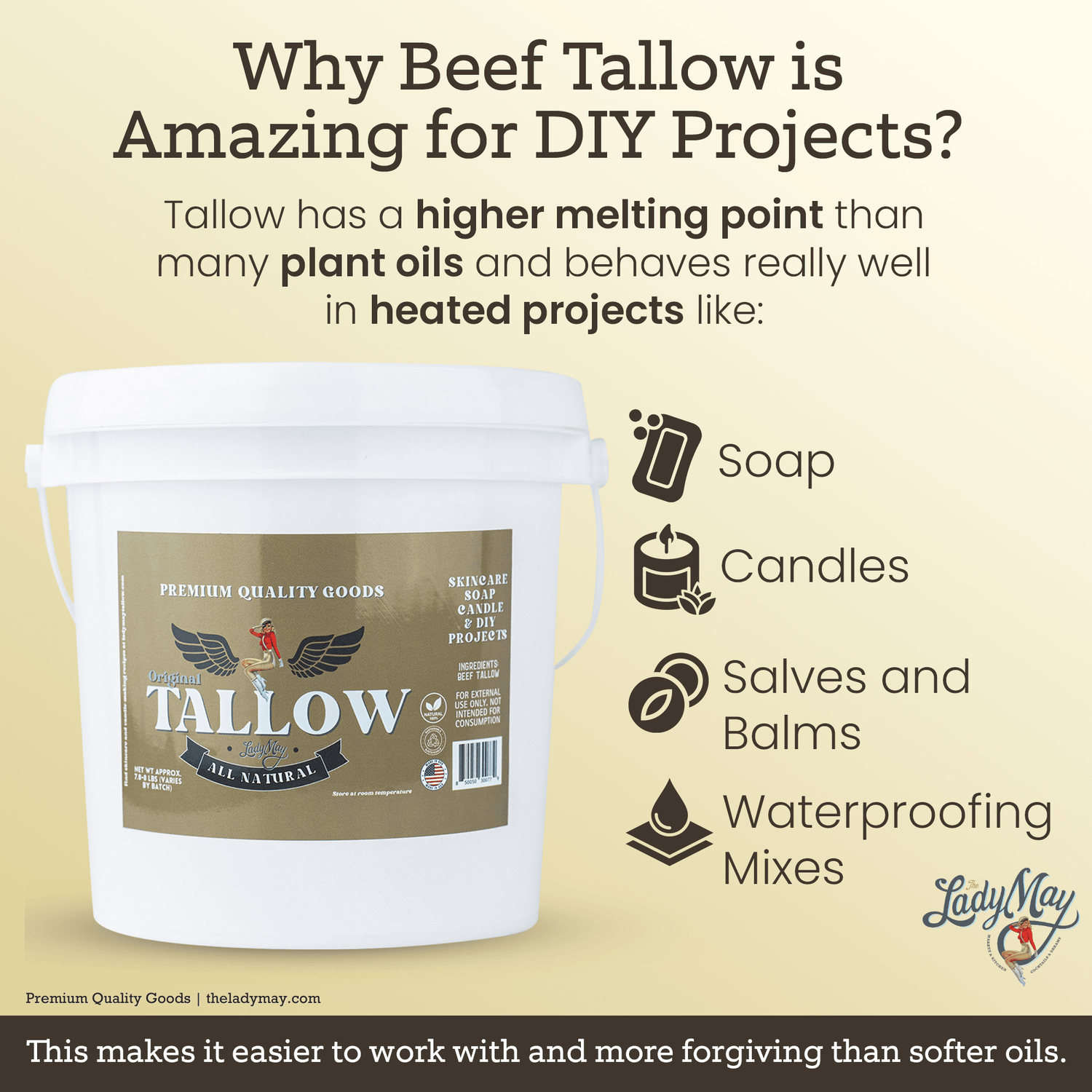 Lady May Tallow Beef Tallow Unscented Bulk Beef Tallow - 16 Pounds | 100% Natural &amp; Pure
