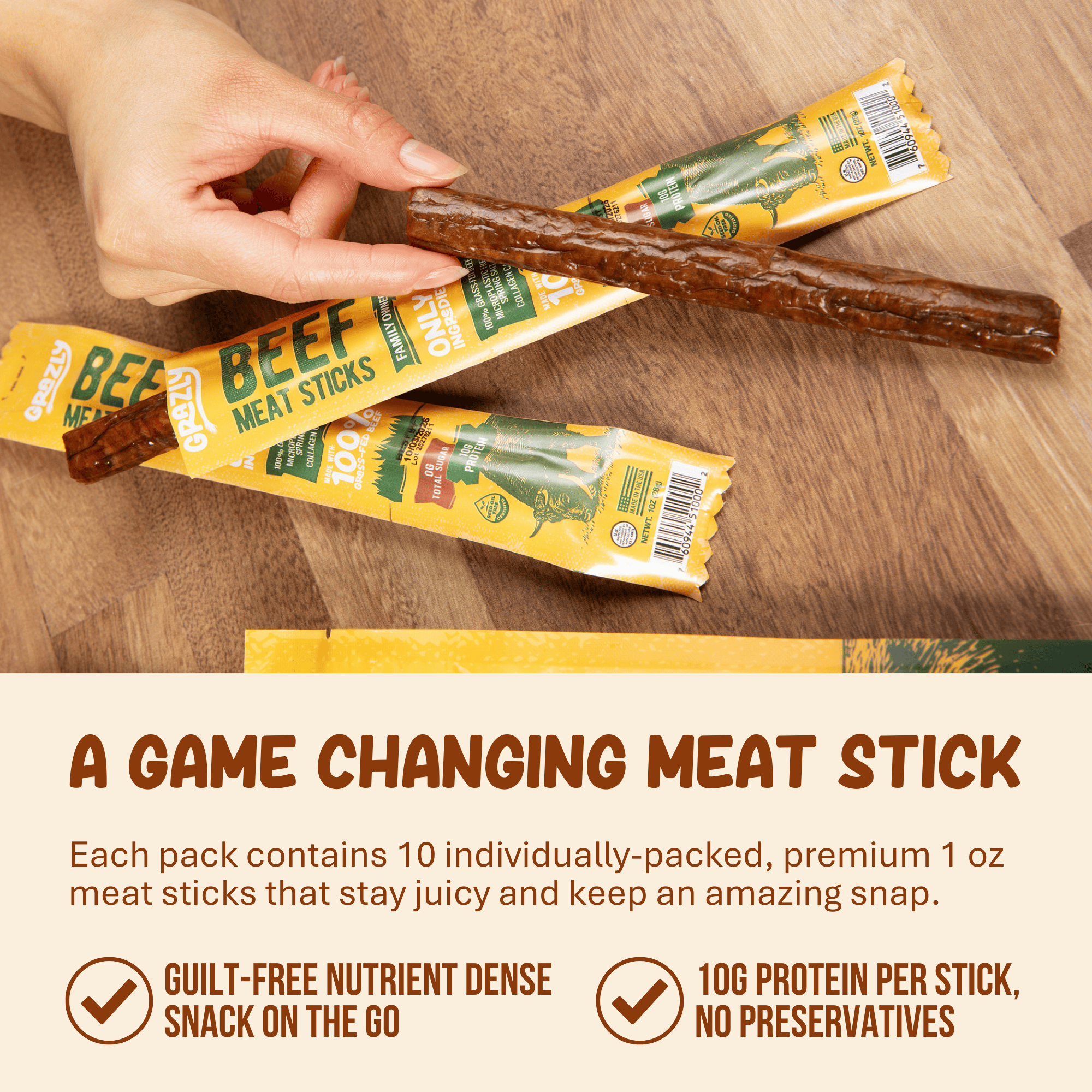 Grazly Plain Beef Meat Sticks - 100% Grass-Fed &amp; Finished