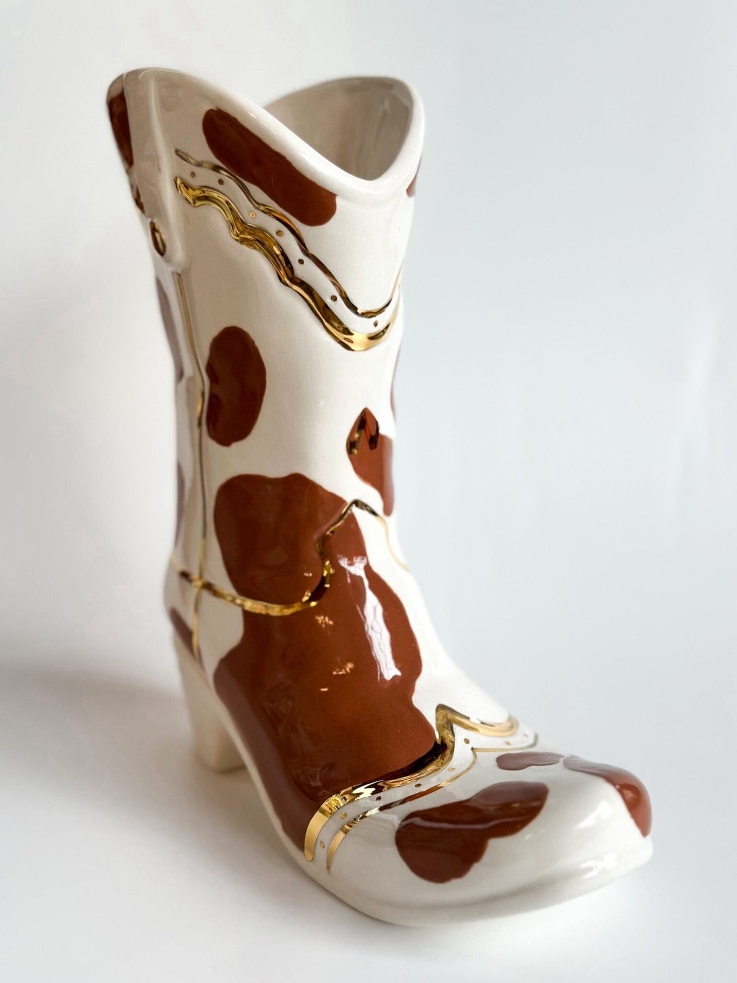 Ruby Clay Company Cow Print Cowboy Boot Vase