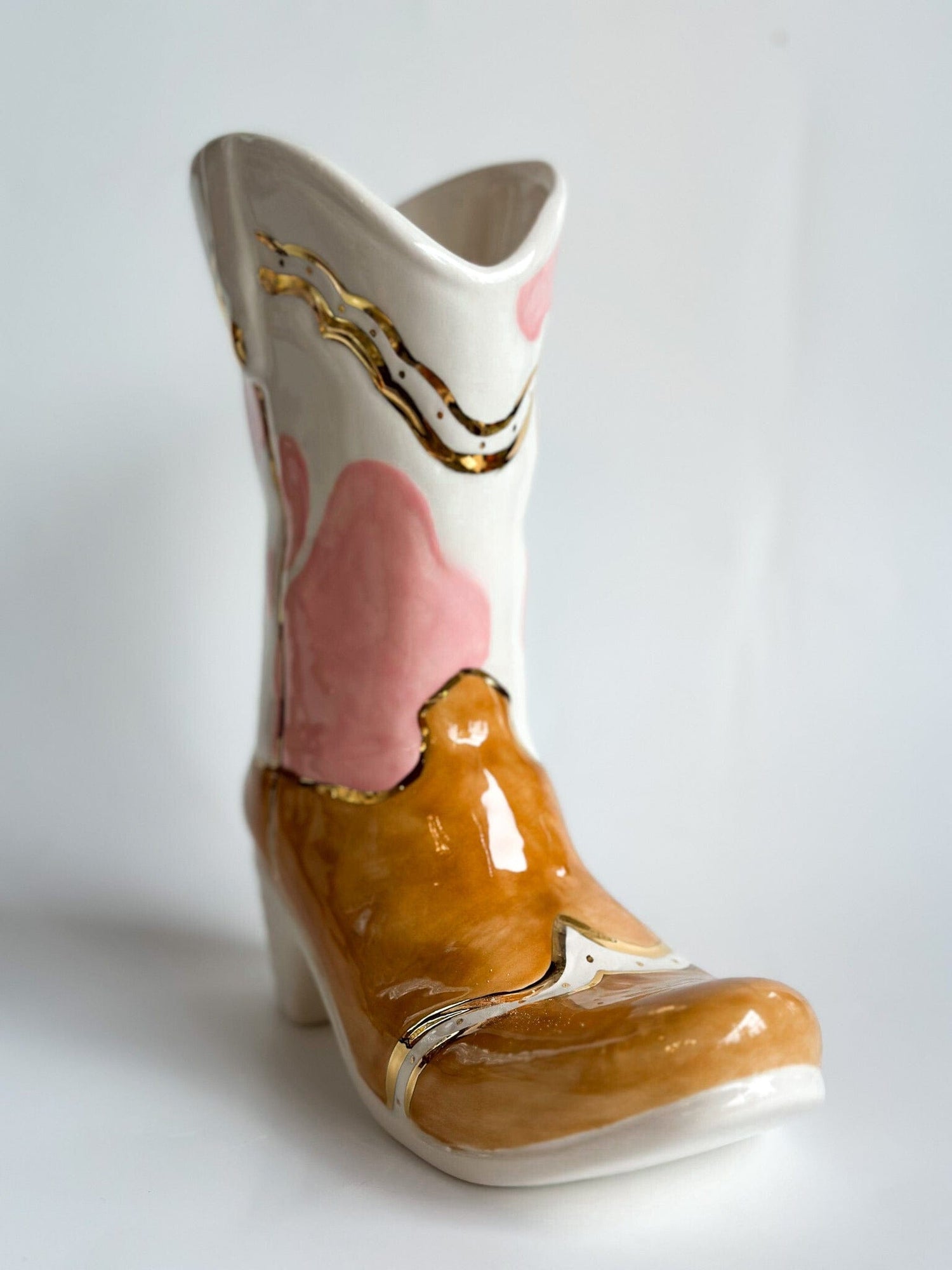 Ruby Clay Company Strawberry Two Tone Cow Print Cowboy Boot Vase