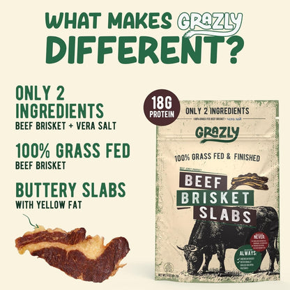 Grazly beef brisket slabs packaging with product details on a beige background