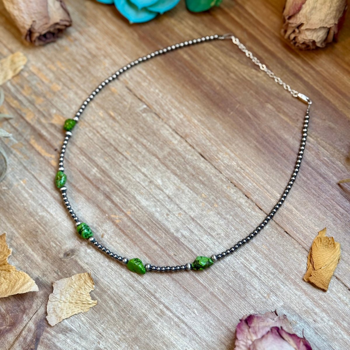 Green Nugget Turquoise &amp; Sterling Silver Pearl Necklace