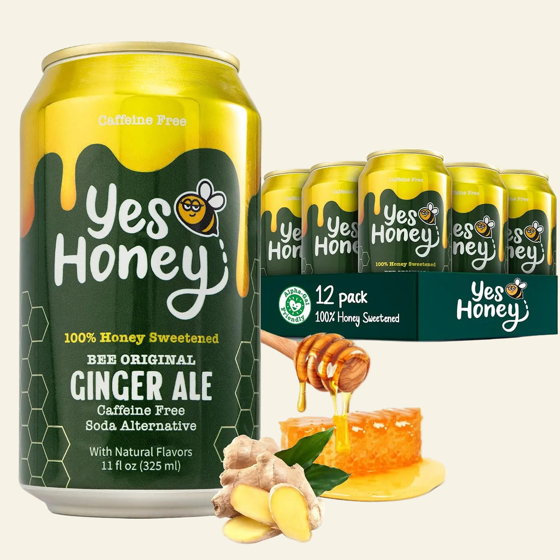 A 12-pack of Yes Honey Bee Original Ginger Ale cans arranged in front of a large single can, with ginger roots, honeycomb, and a honey dipper on a white background.