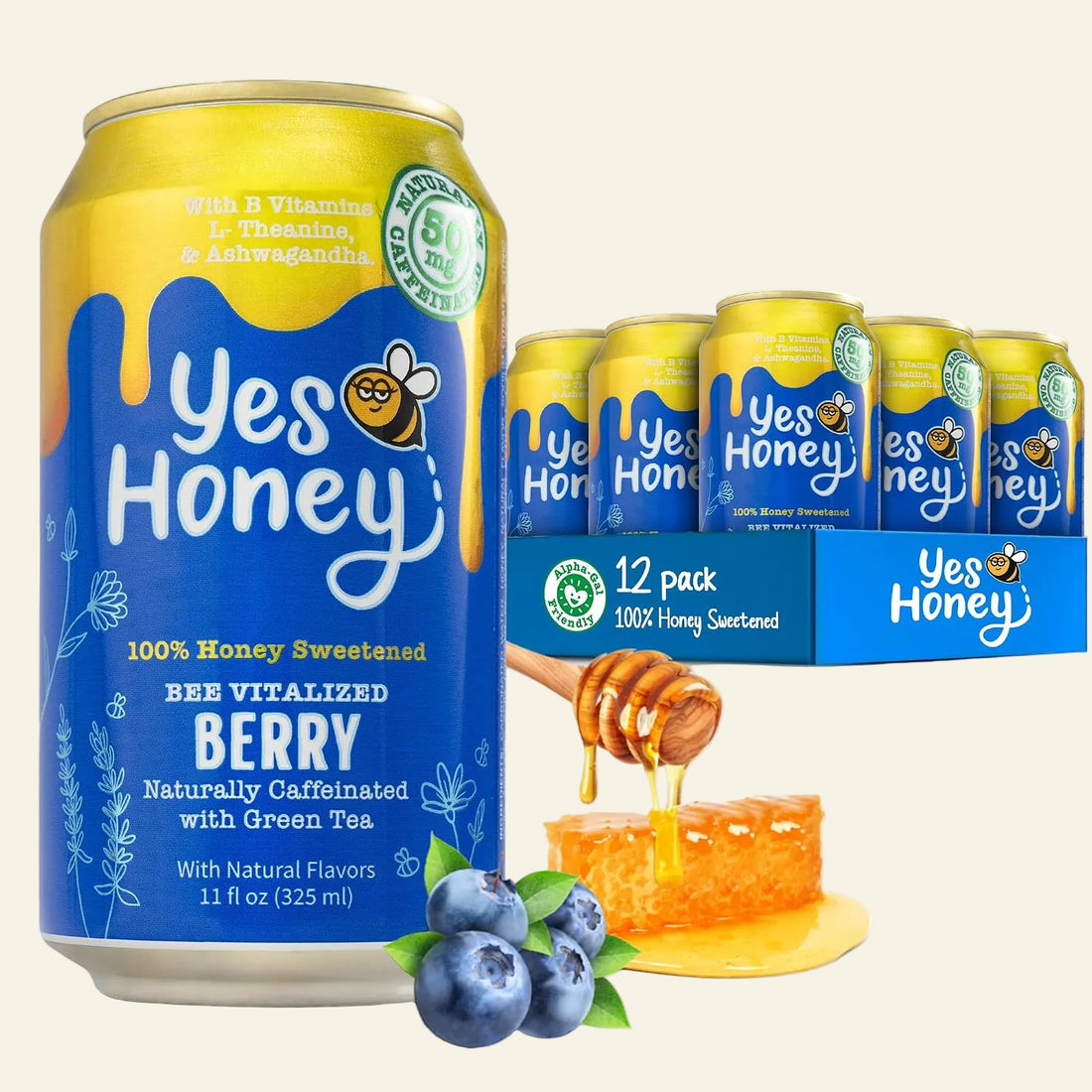 A 11 fl oz can of Yes Honey Berry beverage in the foreground with a 12-pack display box and several cans behind it on a white studio background. Blueberries, honeycomb, and honey are shown as flavor/ingredient props.