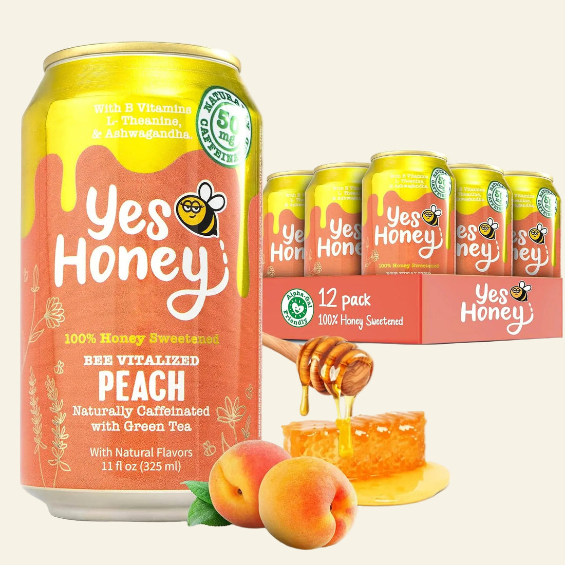 A 11 fl oz can of Yes Honey Bee Vitalized Peach juice in front of a 12-pack display box, with peaches and honey dripping on a white background.