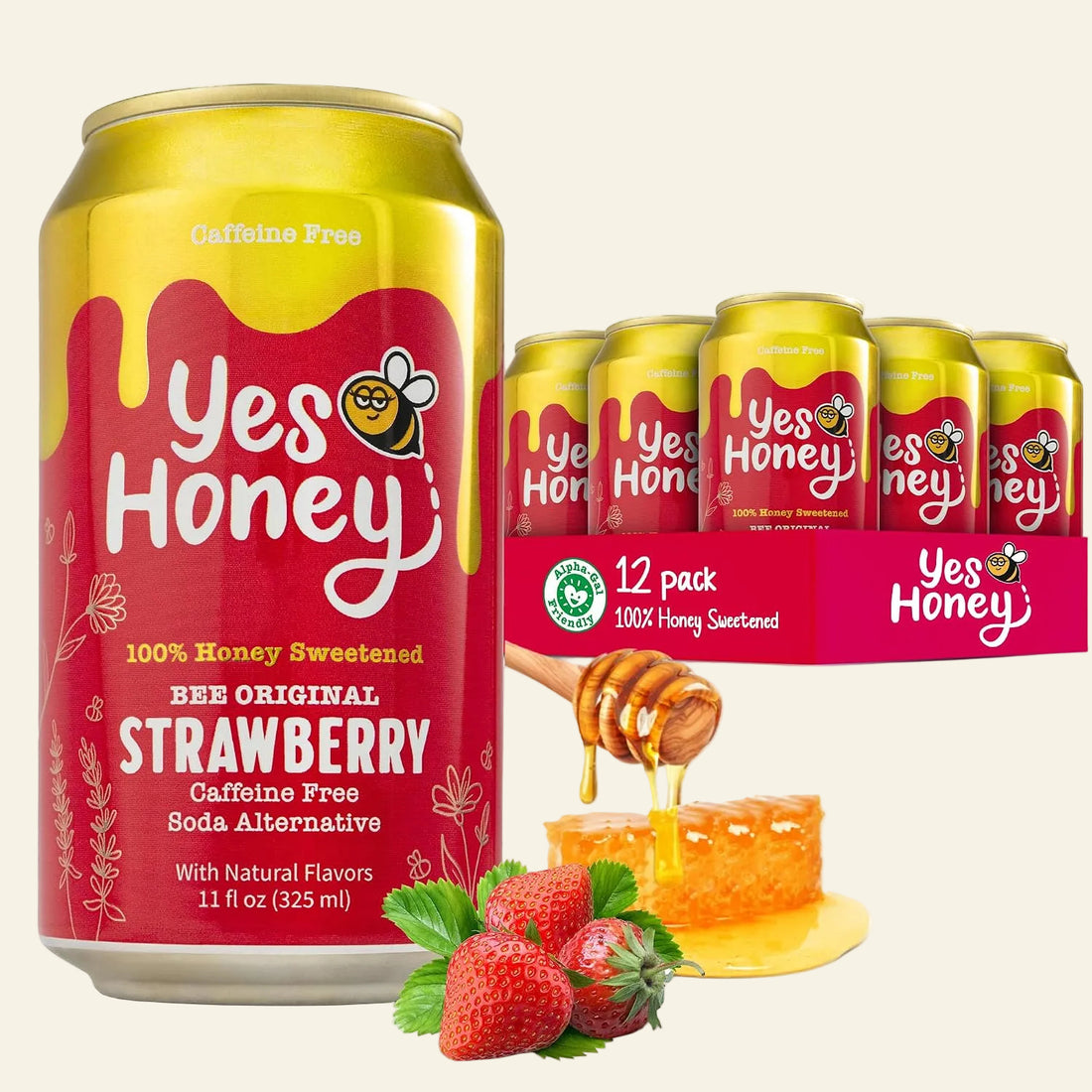 Yes Honey strawberry soda can with packaging and honey elements on a white background