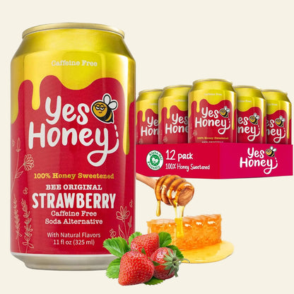 Yes Honey strawberry soda can with packaging and honey elements on a white background