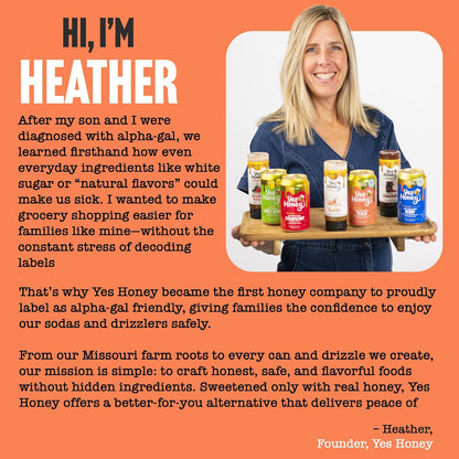 A promotional graphic with an orange background, a photo of Heather holding several honey jars, and a large block of text introducing Yes Honey. The text highlights alpha-gal friendly ingredients and mission statement, with the brand name Yes Honey visible on the jars and in the quote.