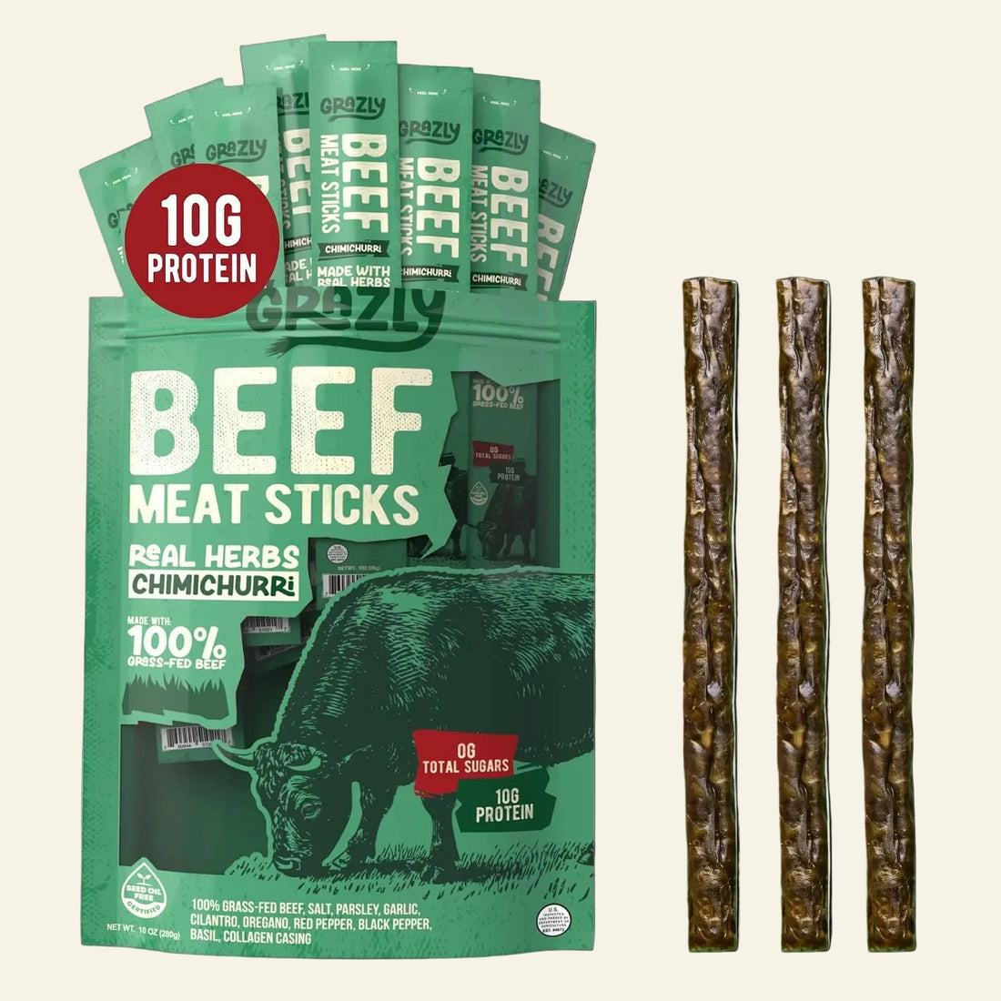 A package of Grazy Beef Meat Sticks shown with five individual stick packets fanned behind the main bag and four long brown meat sticks displayed to the right on a white background.