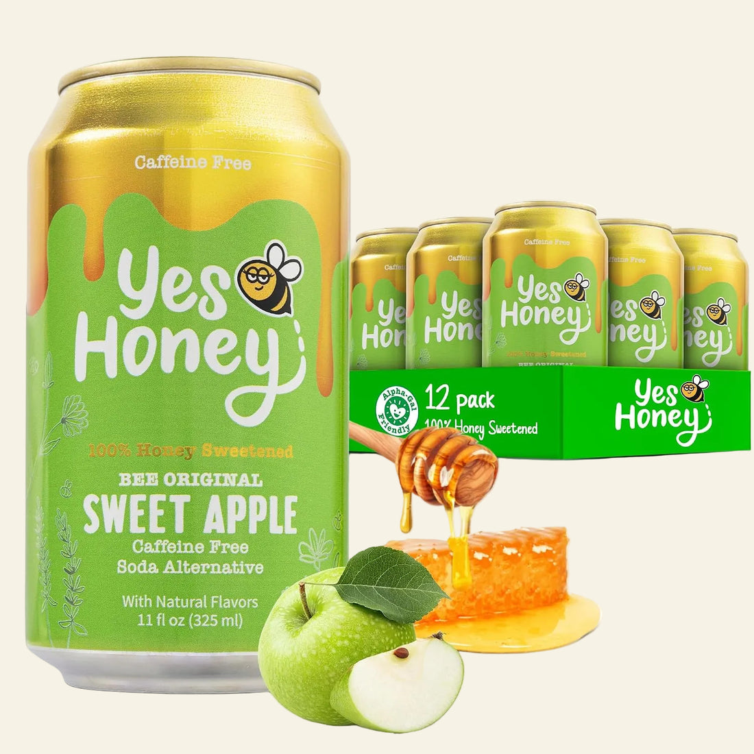 A 11 fl oz can of Yes Honey Sweet Apple beverage in the Bee Original flavor, shown alongside a 12-pack display box, green apples, honeycomb, and honey dripping from a wooden dipper on a white background.