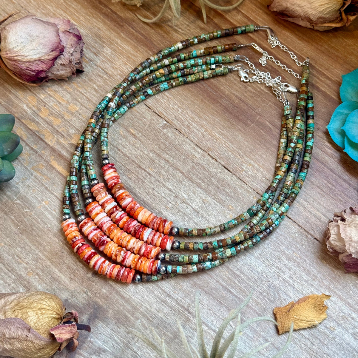 Green Turquoise &amp; Orange Spiny Oyster Fall Necklace