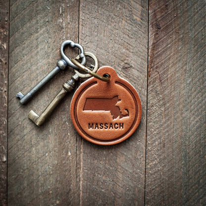 Massachusetts State Silhouette Leather Keychain Circle
