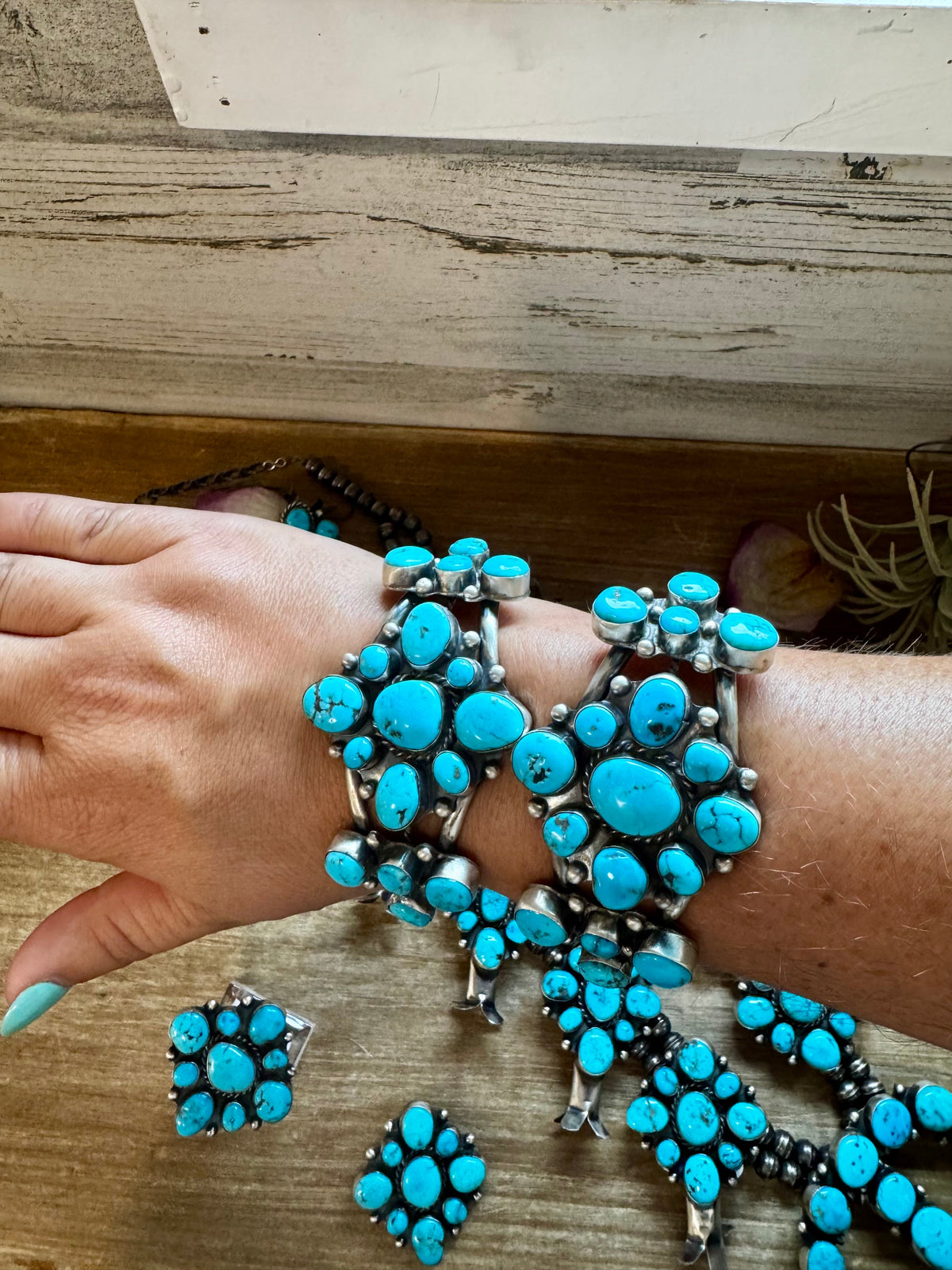 Wilson Dawes Kingman Turquoise Sterling Silver Squash Blossom Set