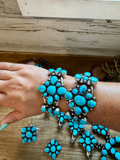 Wilson Dawes Kingman Turquoise Sterling Silver Squash Blossom Set
