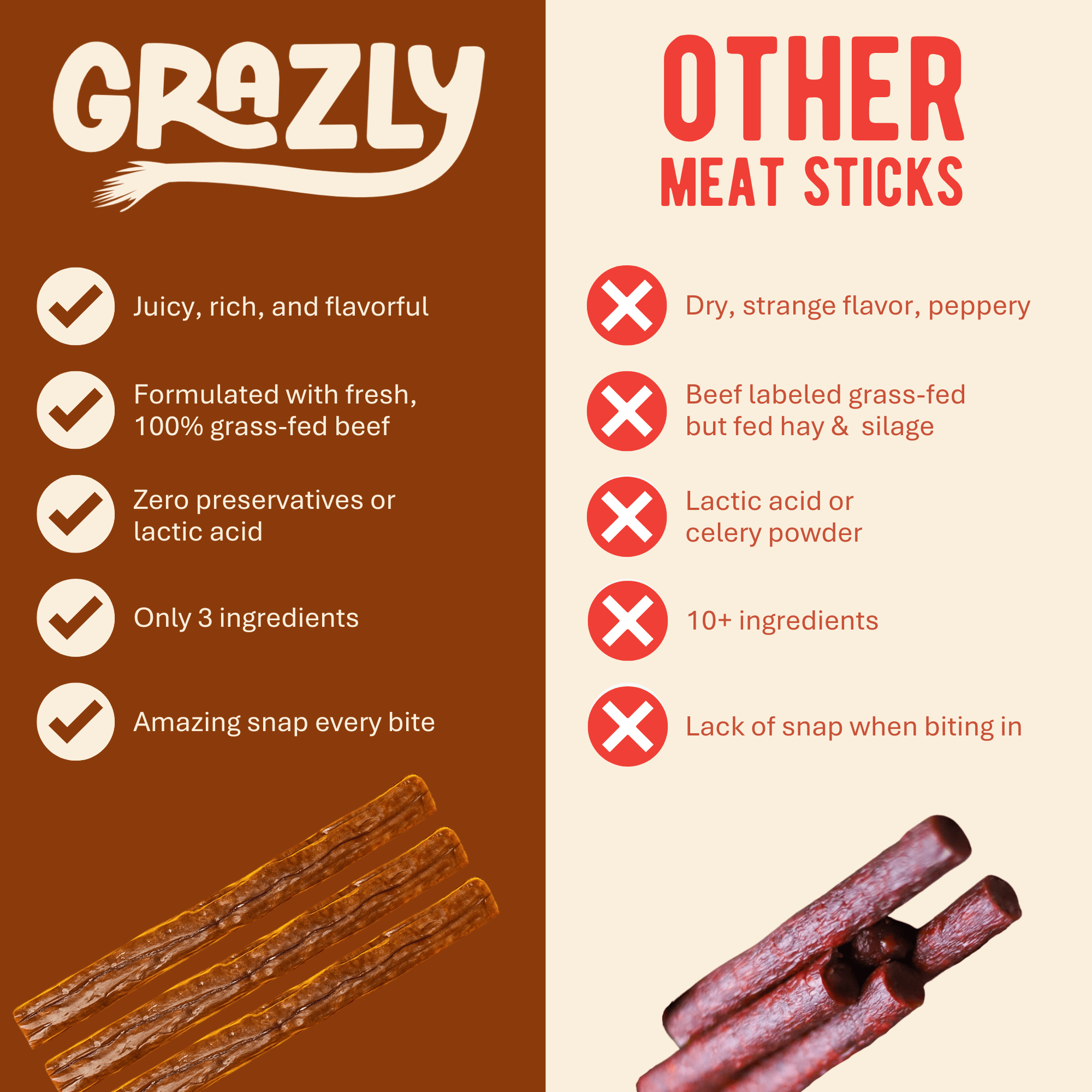 Grazly Plain Beef Meat Sticks - 100% Grass-Fed &amp; Finished