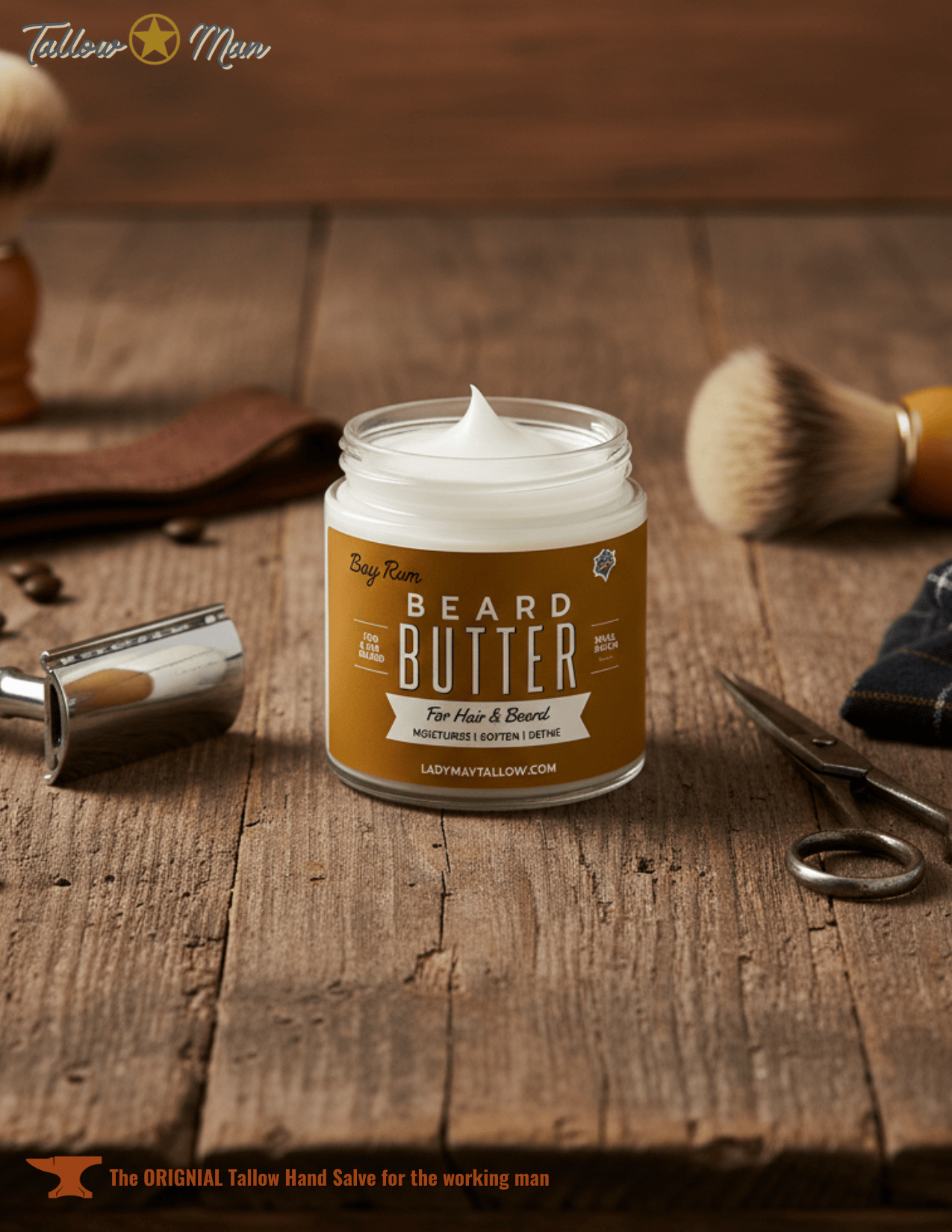 Lady May Tallow Body Cream/Lotion Bay Rum Beard &amp; Body Butter for Men | Natural Tallow Moisturizer