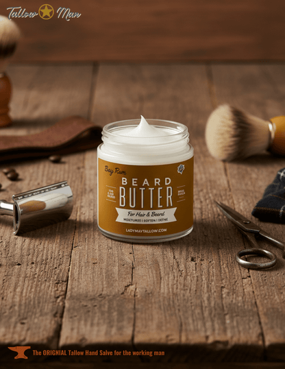 Lady May Tallow Body Cream/Lotion Bay Rum Beard &amp; Body Butter for Men | Natural Tallow Moisturizer