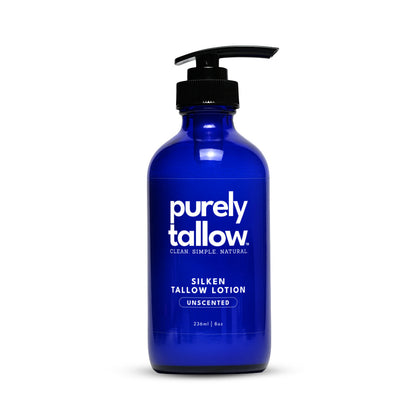 Blue bottle of purely tallow lotion on a white background
