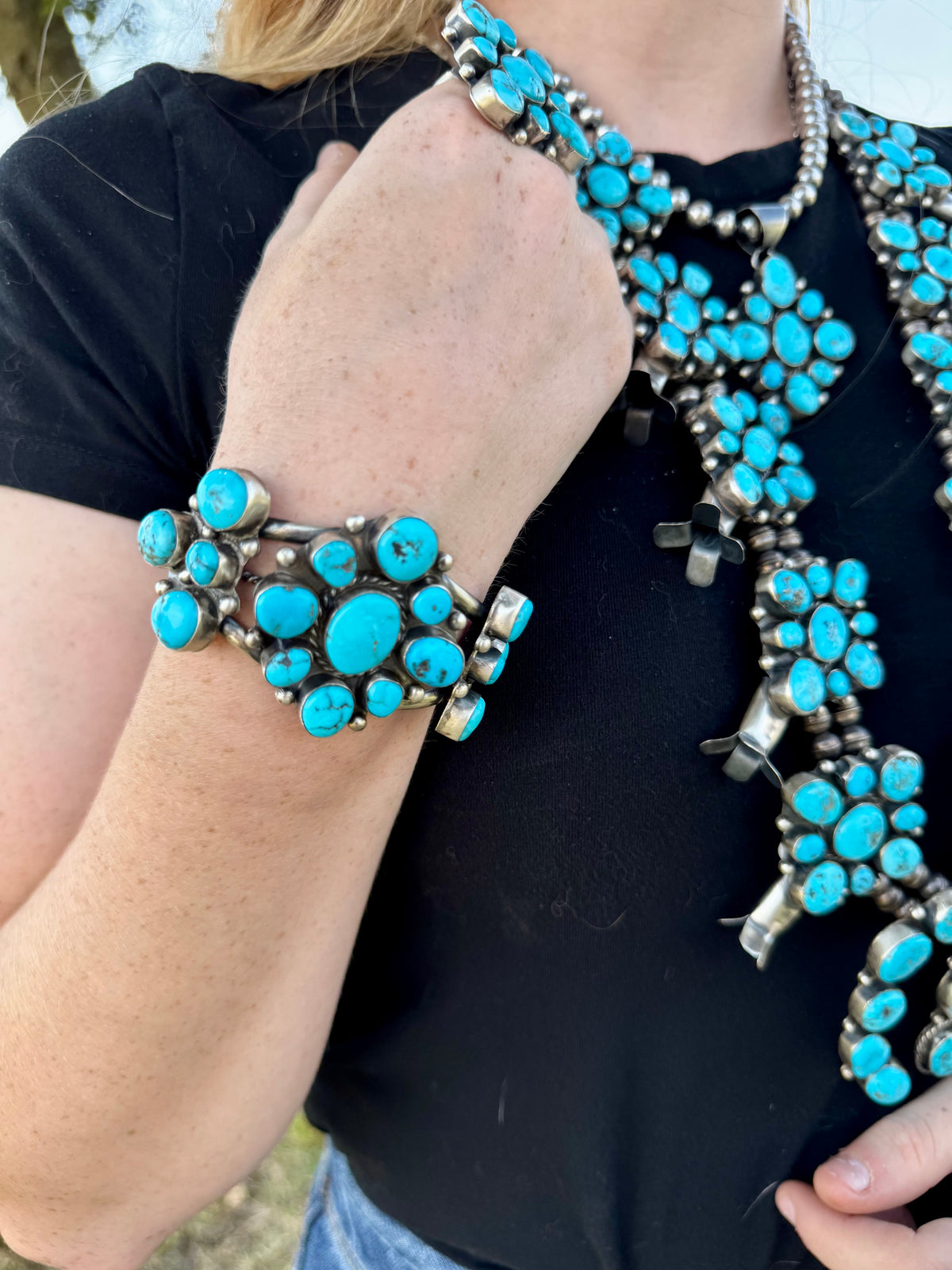 Wilson Dawes Kingman Turquoise Sterling Silver Squash Blossom Set