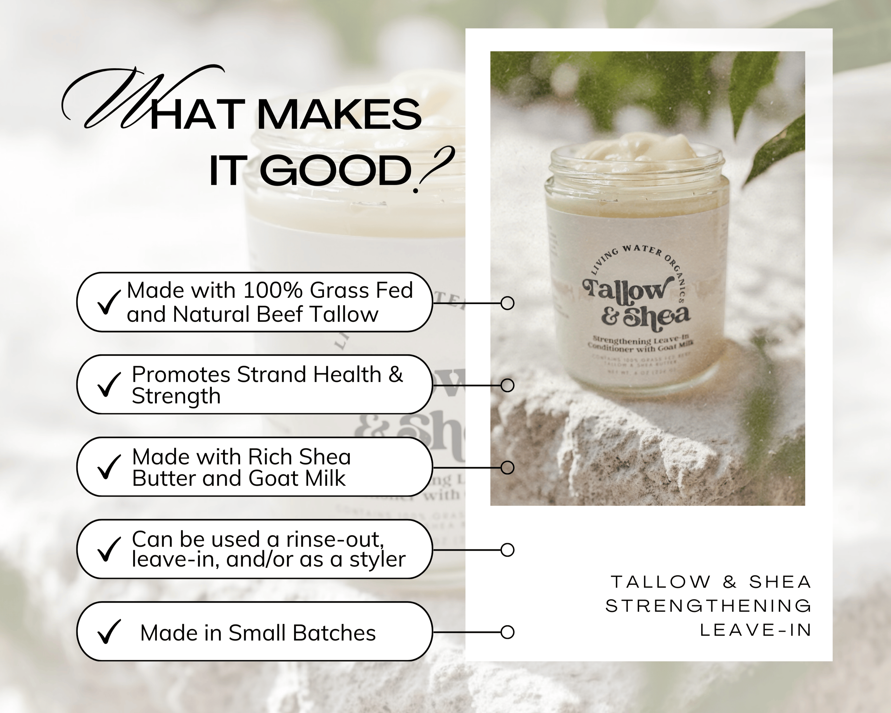 Living Water Organics Tallow, Shea &amp; Goat Milk Leave-In Conditioner