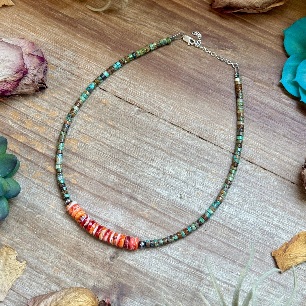 Green Turquoise &amp; Orange Spiny Oyster Fall Necklace