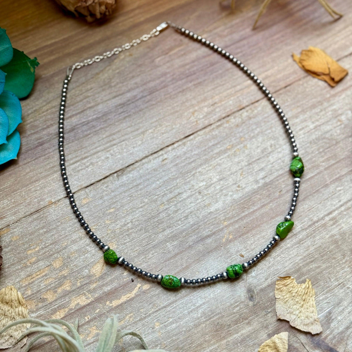 Green Nugget Turquoise &amp; Sterling Silver Pearl Necklace
