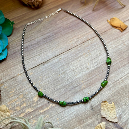 Green Nugget Turquoise &amp; Sterling Silver Pearl Necklace