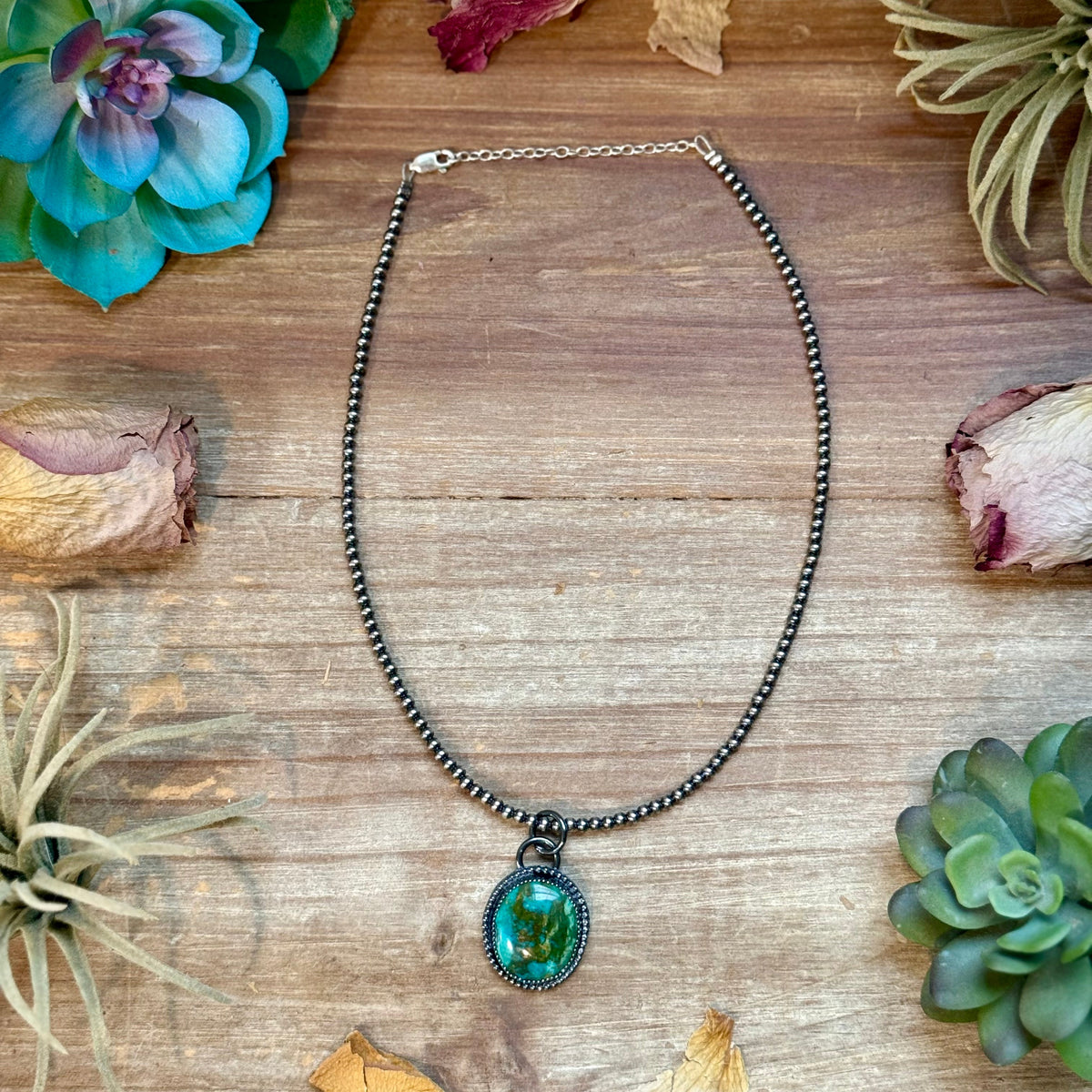 MJ Green Turquoise Pendant with Sterling Silver Pearl Necklace