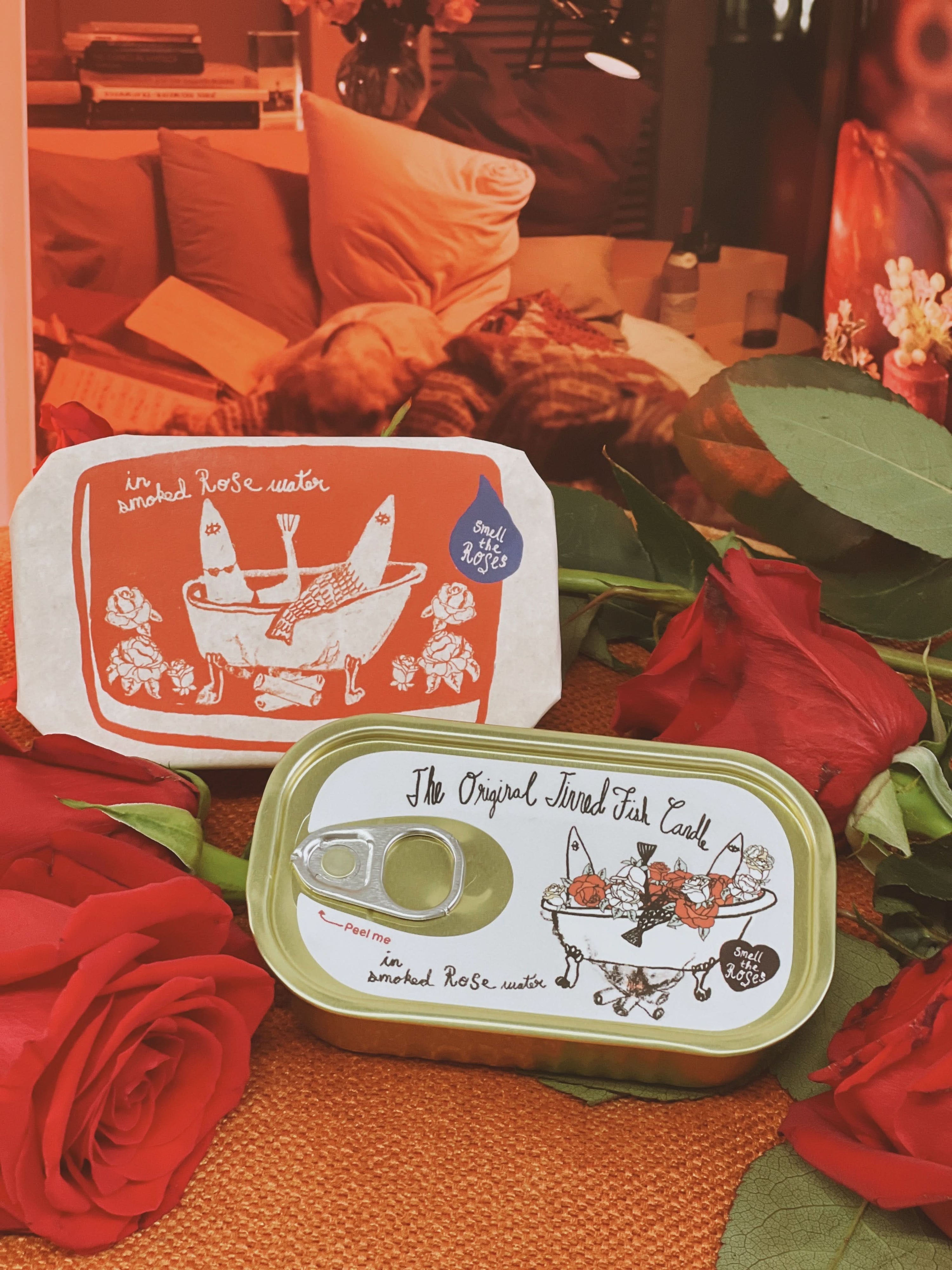 Tinned Candle Tinned Fish Candle - Smoked Rose Water (Roses and Campfire Scented)